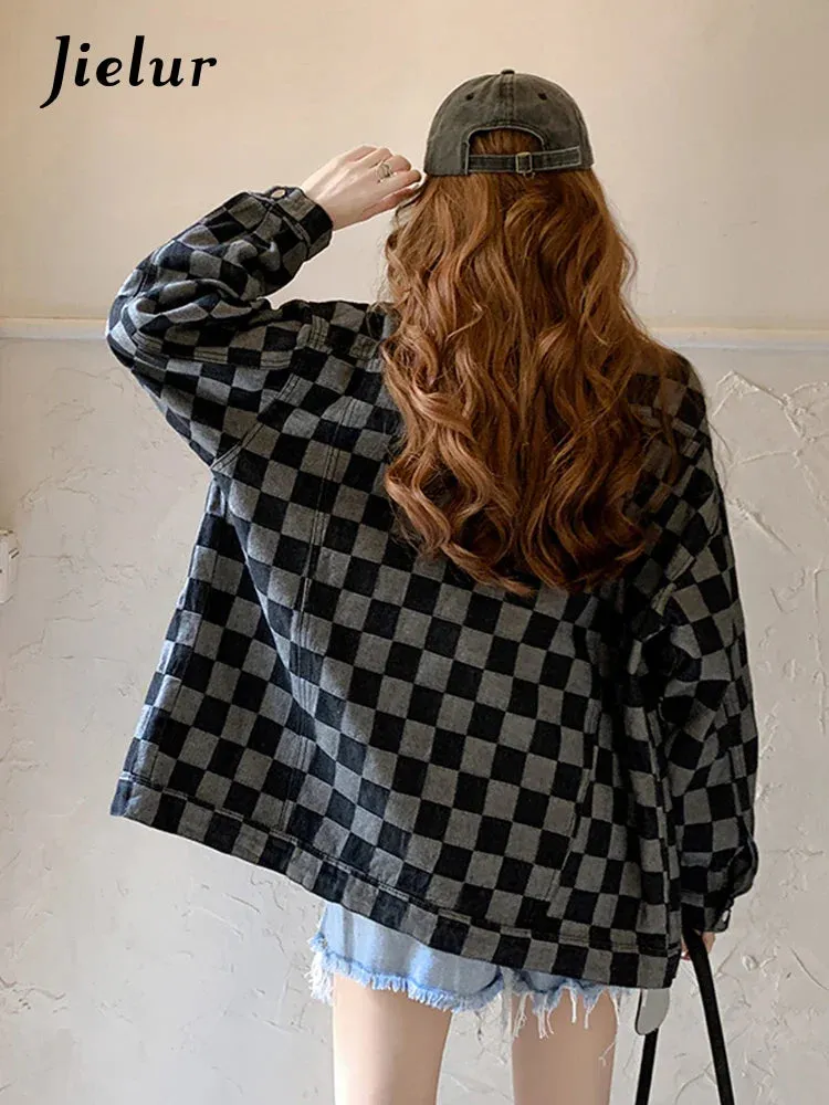 Metaversmall Autumn Black Denim Coat Women Korean New Chessboard Checker Casual Loose Retro Blue Jacket Top Woman High Street Chic