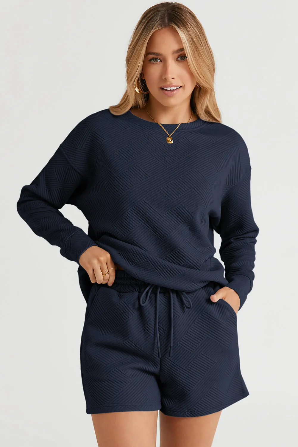 Navy Blue Textured Long Sleeve Top and Drawstring Shorts Set