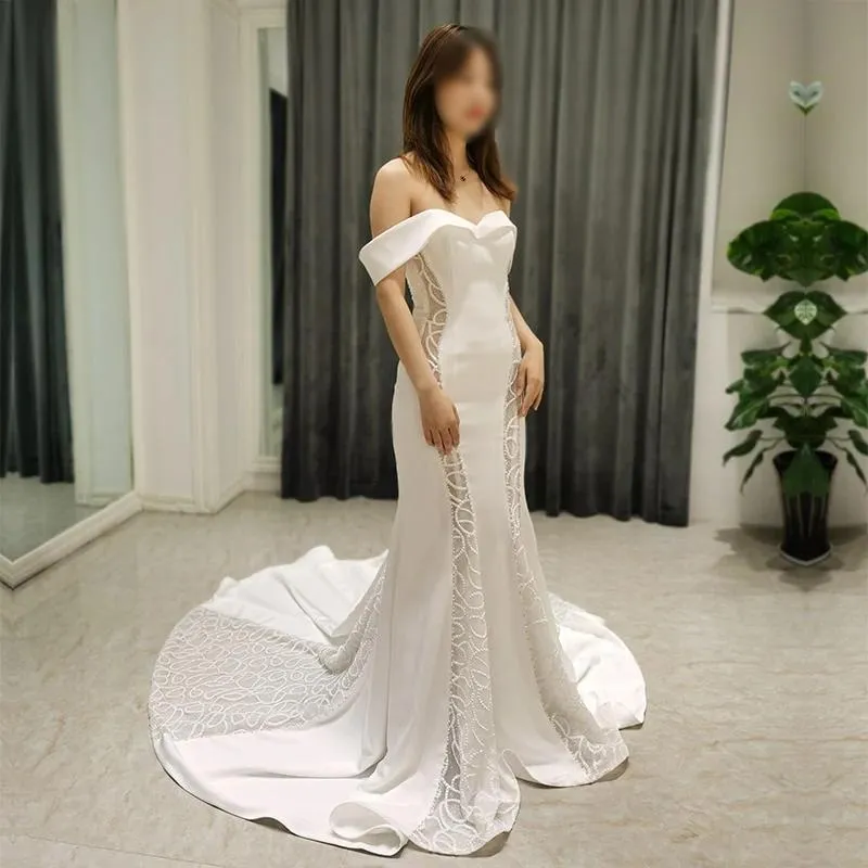 New Satin sexy mermaid off shoulder wedding dress