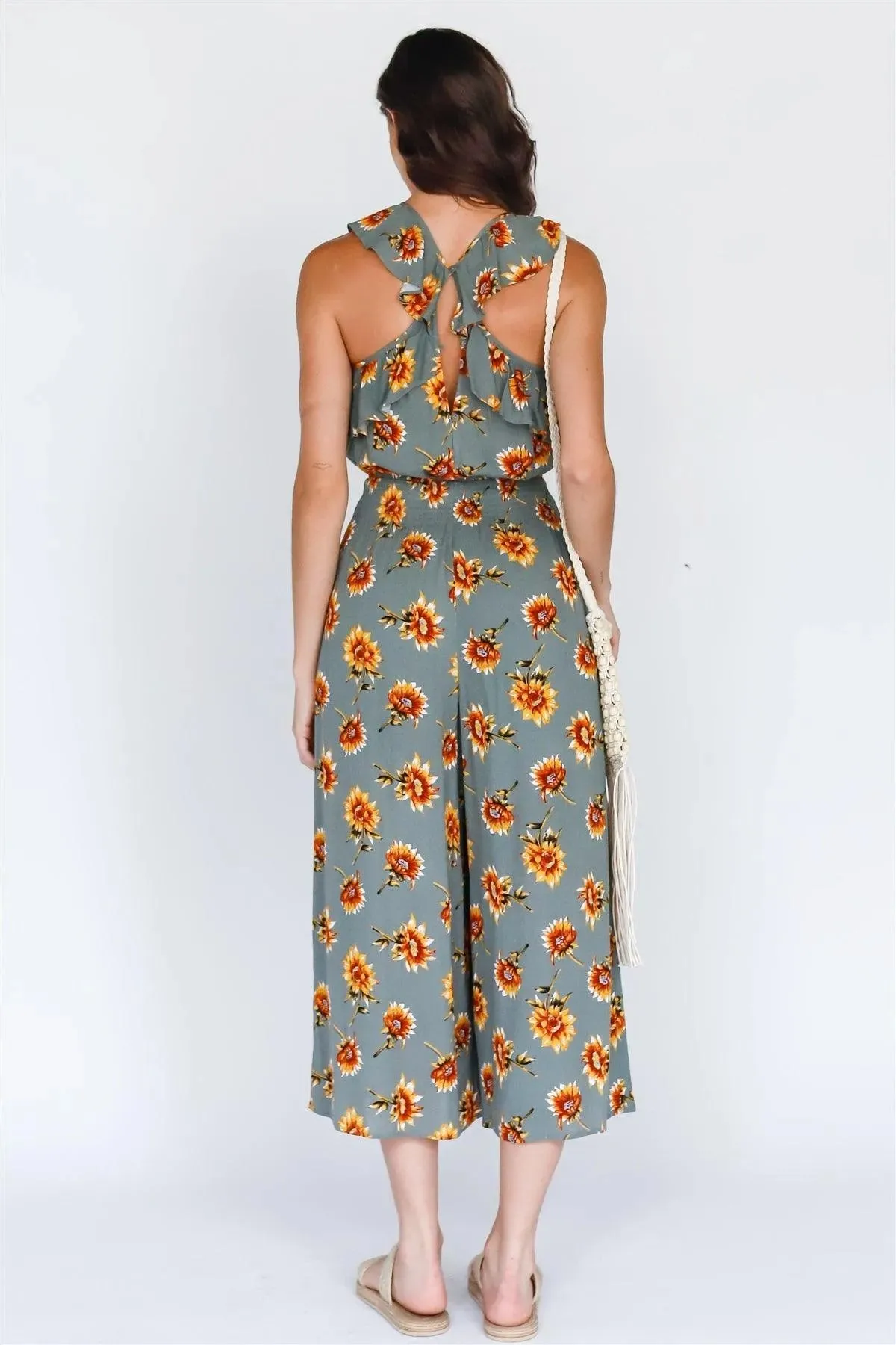 Olive Sunflower Print Crisscross Ruffle Trim Strap Culotte Leg Romper