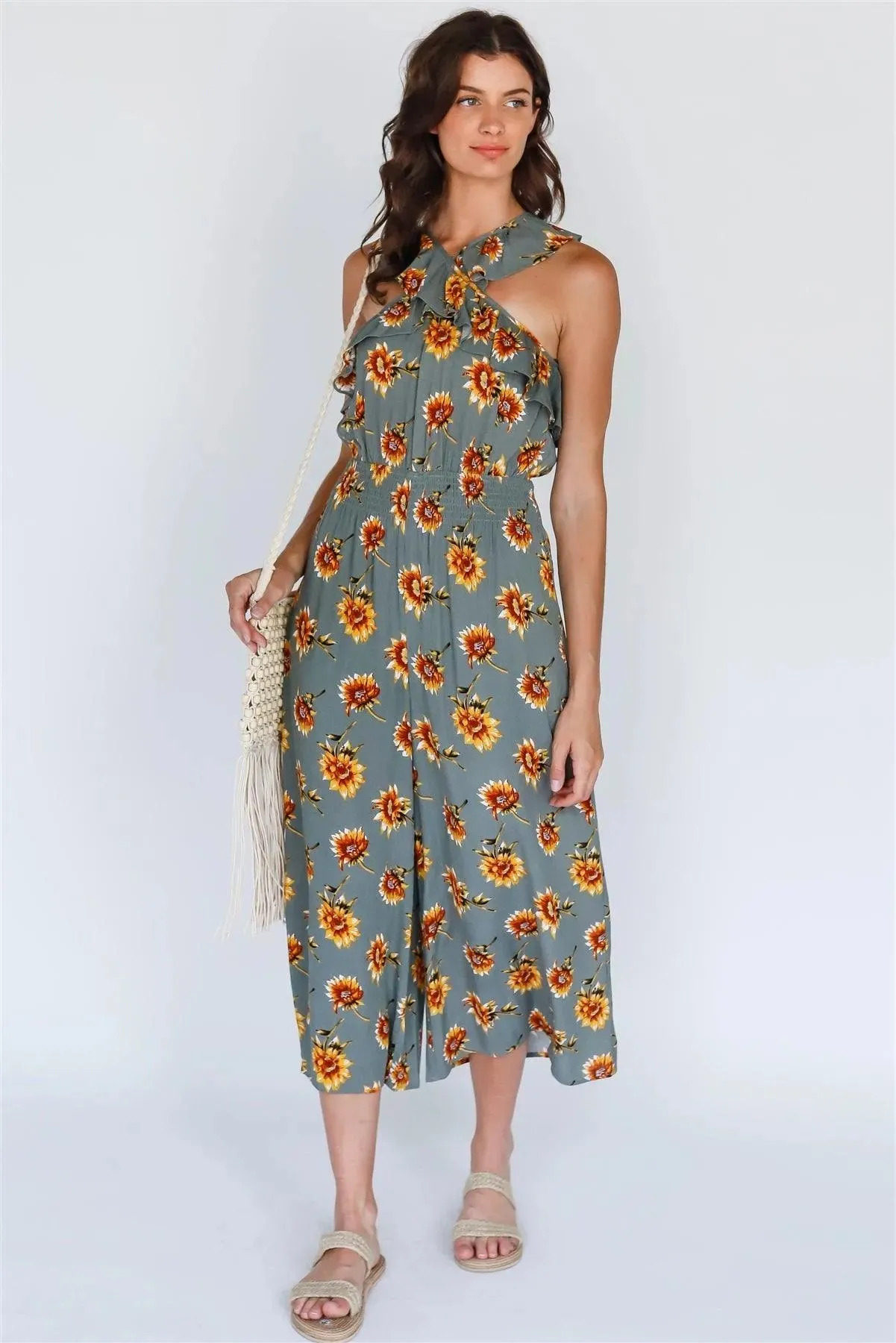 Olive Sunflower Print Crisscross Ruffle Trim Strap Culotte Leg Romper
