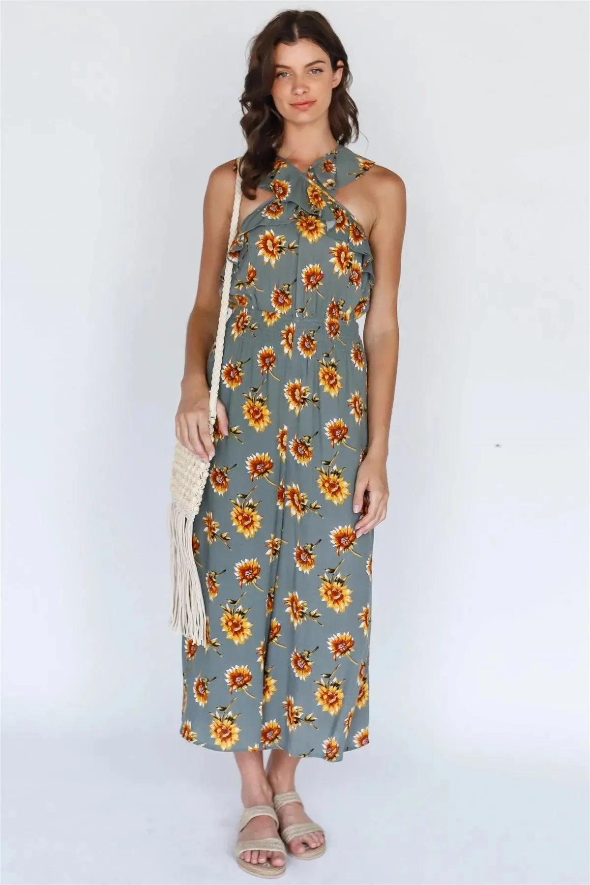 Olive Sunflower Print Crisscross Ruffle Trim Strap Culotte Leg Romper