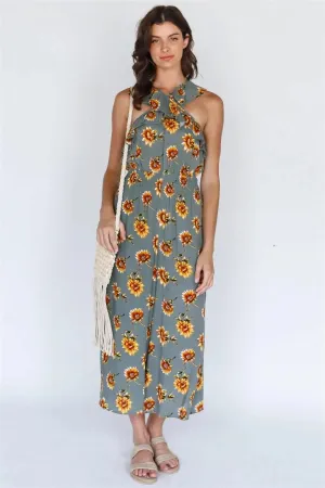 Olive Sunflower Print Crisscross Ruffle Trim Strap Culotte Leg Romper