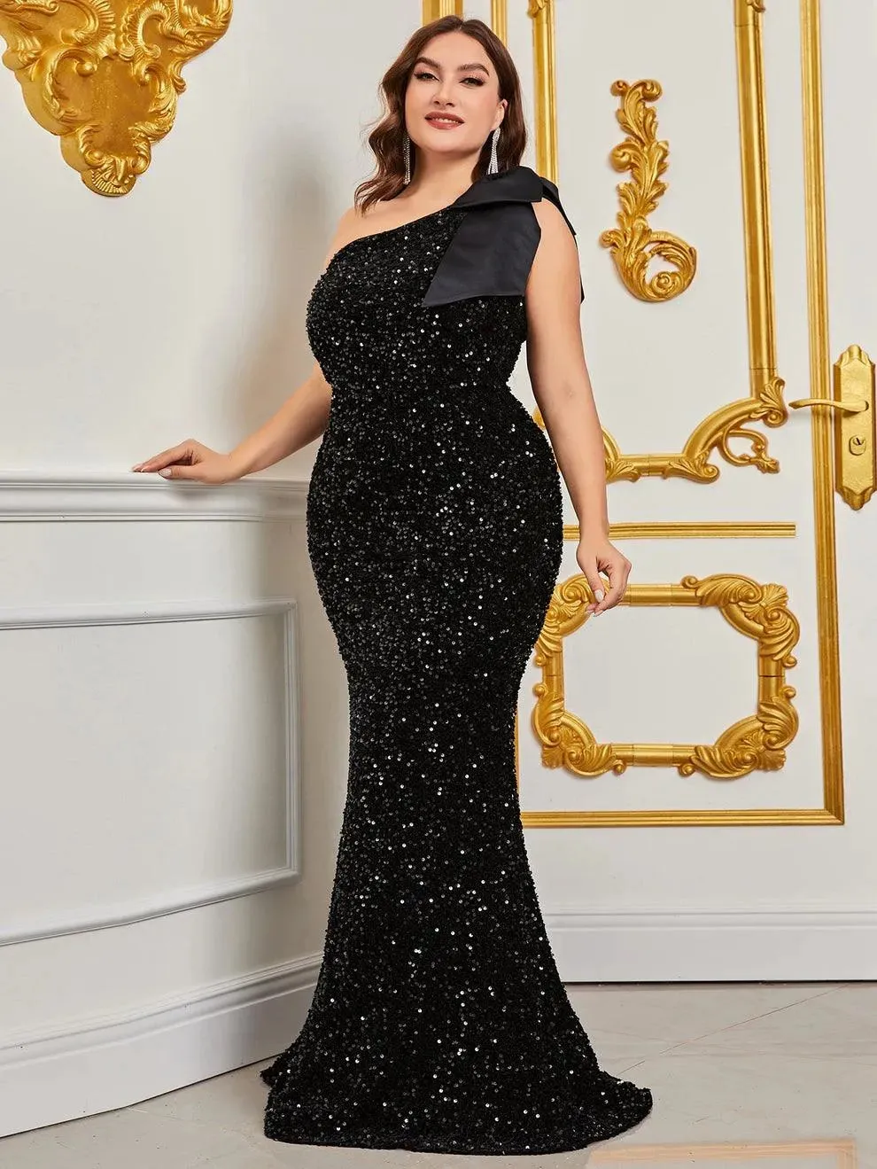 Plus One Shoulder Bow Decor Sequin Mermaid Dress