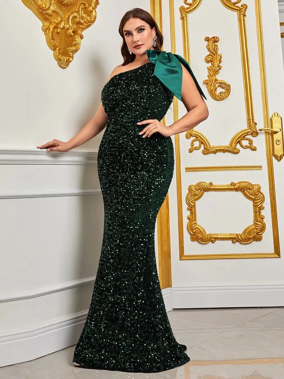 Plus One Shoulder Bow Decor Sequin Mermaid Dress