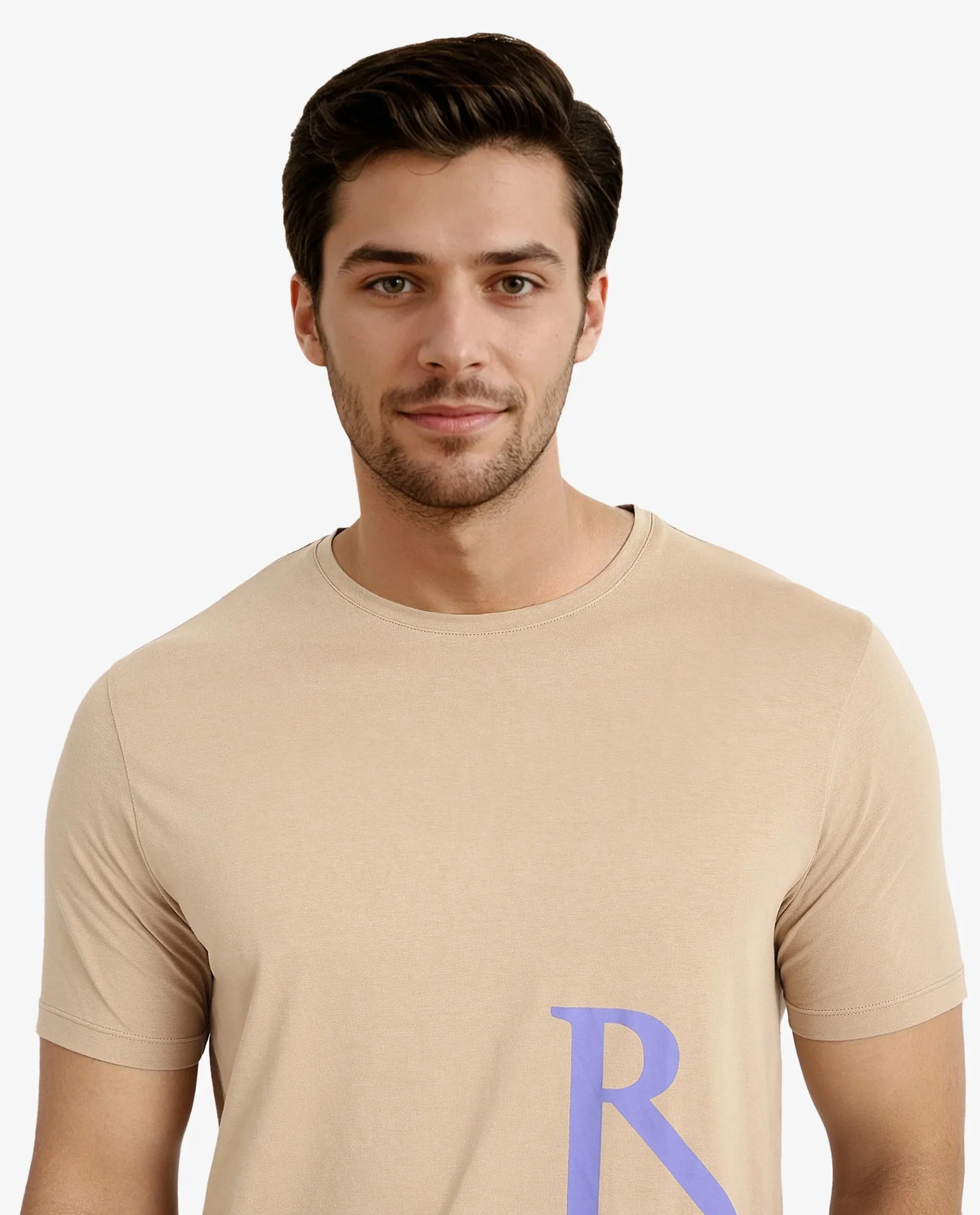 Rare Rabbit Men Ayden Beige Cotton Lycra Fabric Short Sleeve Crew Neck Regular Fit Graphic Print T-Shirt