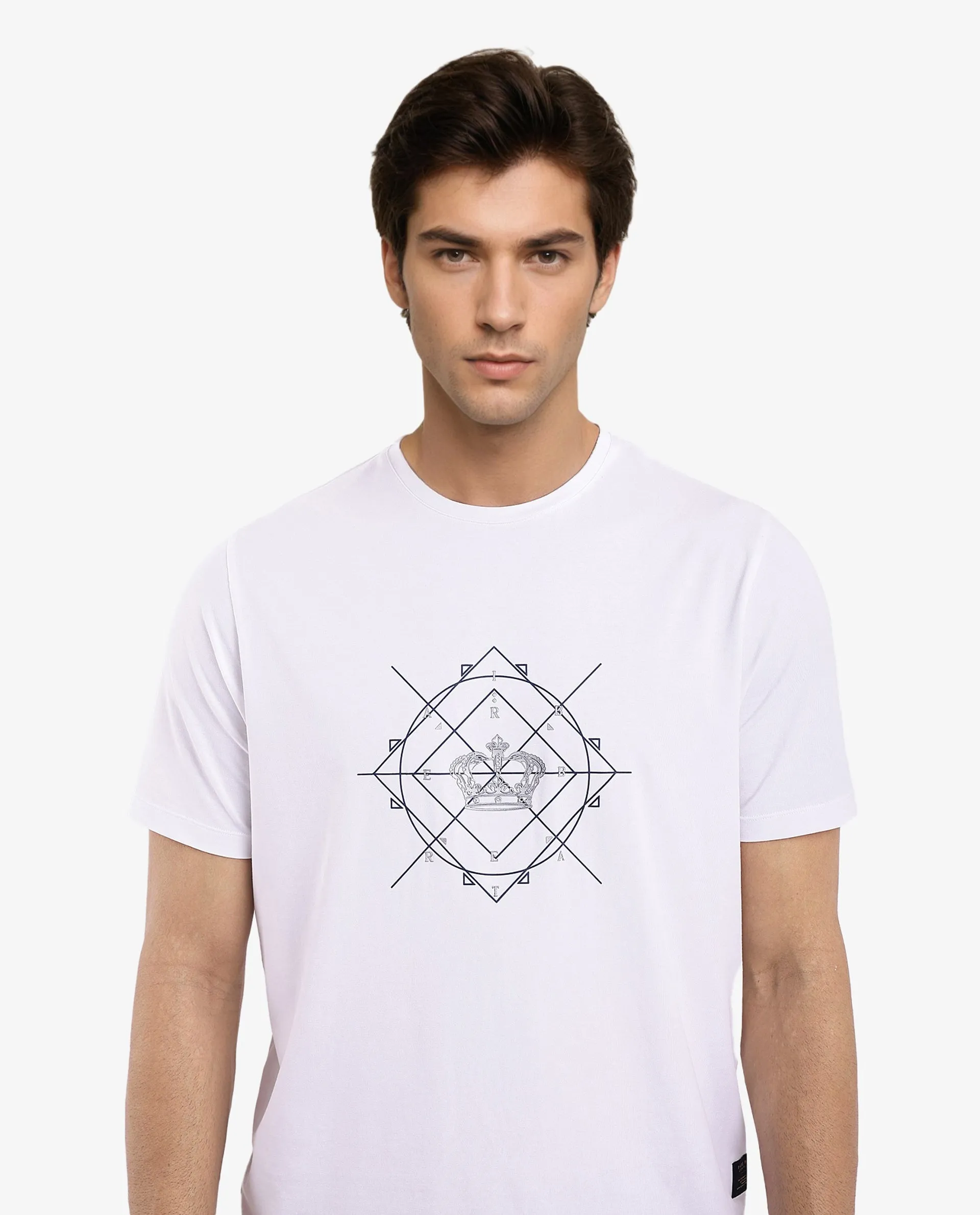 Rare Rabbit Men Naz White Cotton Lycra Fabric Short Sleeve Crew Neck Regular Fit Graphic Print T-Shirt