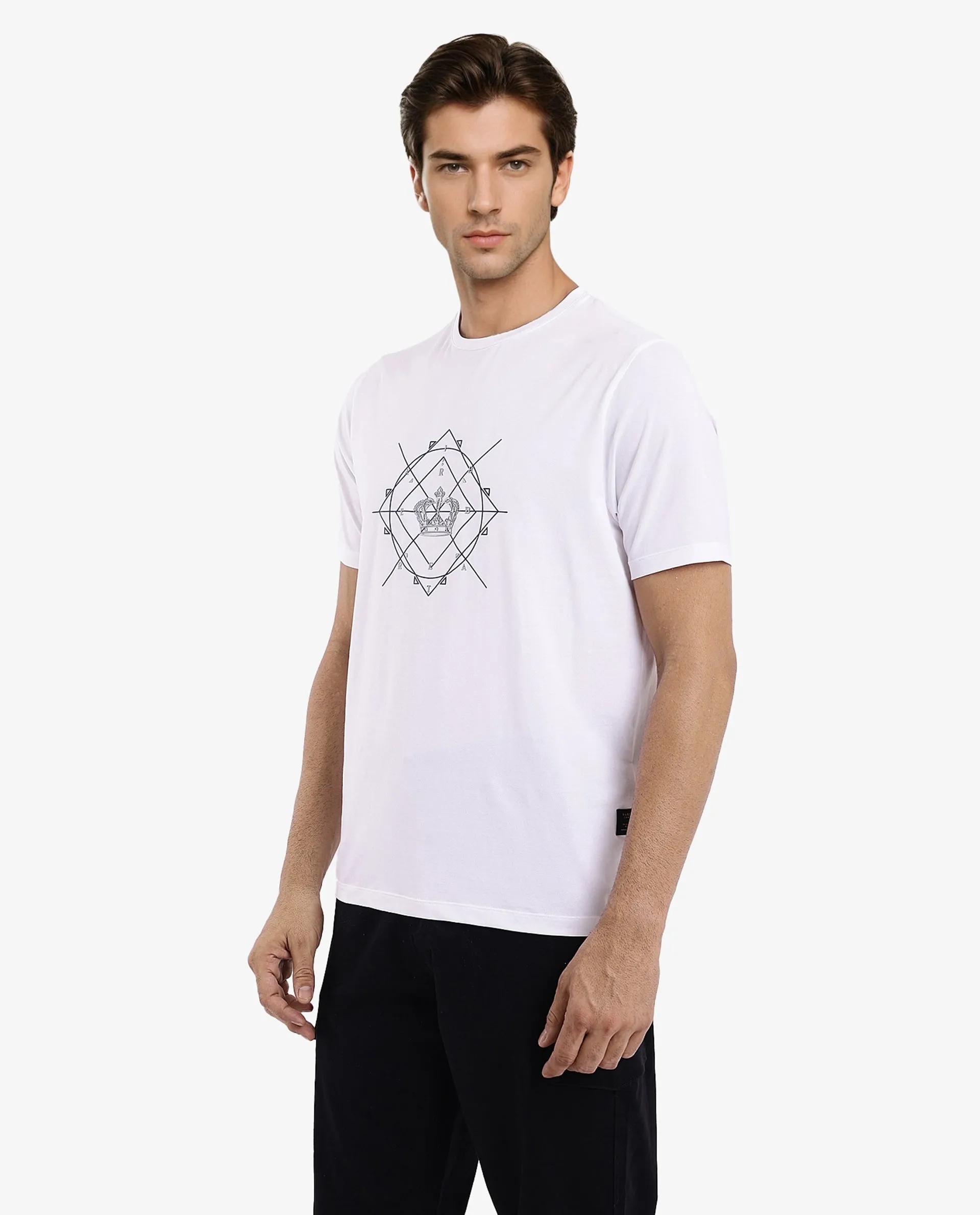 Rare Rabbit Men Naz White Cotton Lycra Fabric Short Sleeve Crew Neck Regular Fit Graphic Print T-Shirt