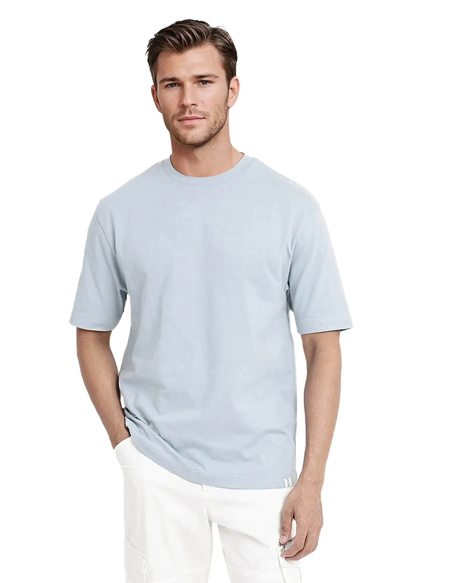 Rare Rabbit Men Noa Light Blue Cotton Fabric Short Sleeve Crew Neck Oversized Fit Graphic Back Print T-Shirt