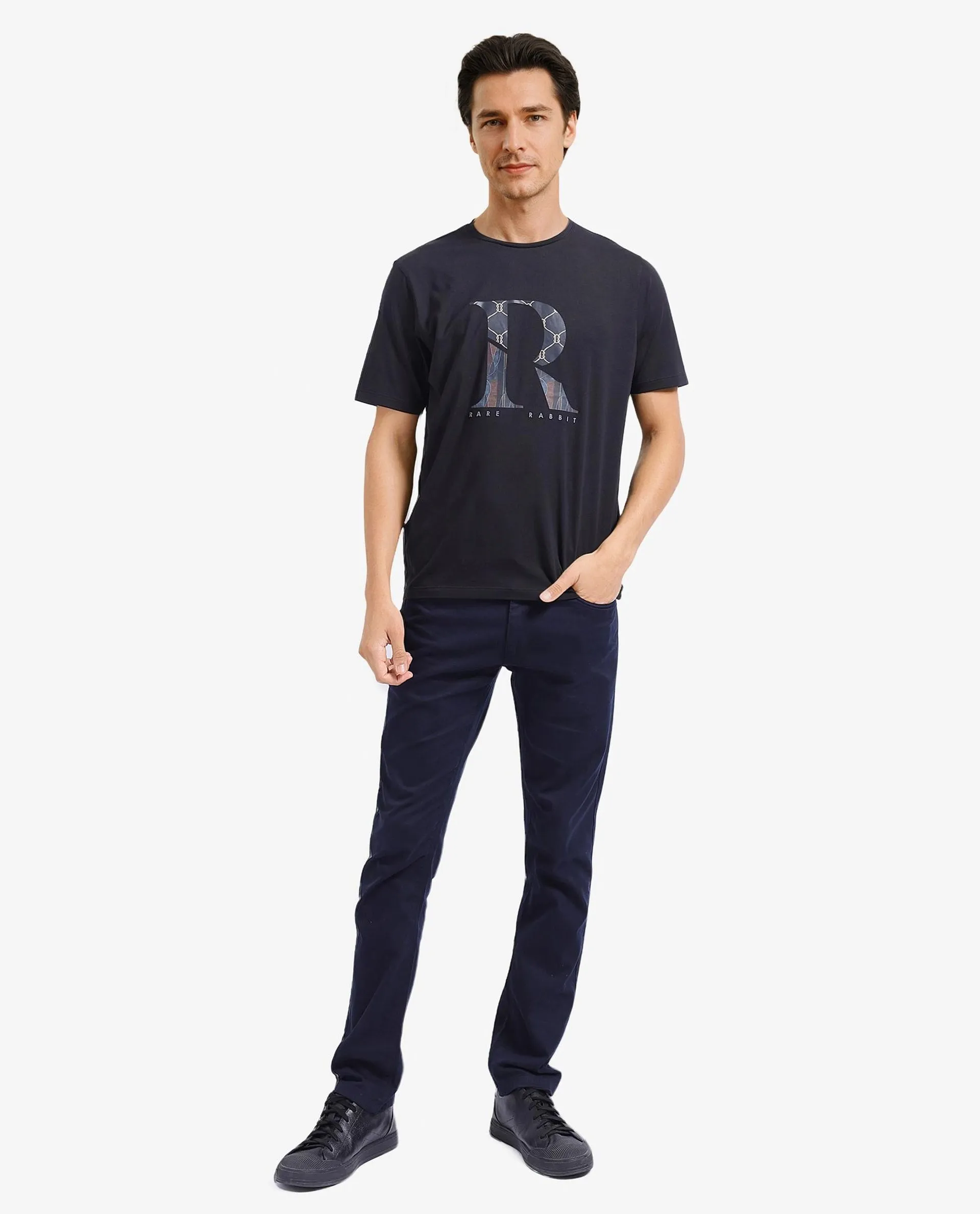 Rare Rabbit Men Qeat Black Cotton Lycra Fabric Short Sleeves Crew Neck Digital Print T-Shirt