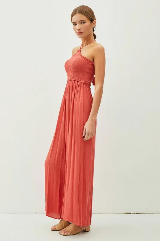 Scarlet Cutout Smocked Halter Wide Leg Jumpsuit