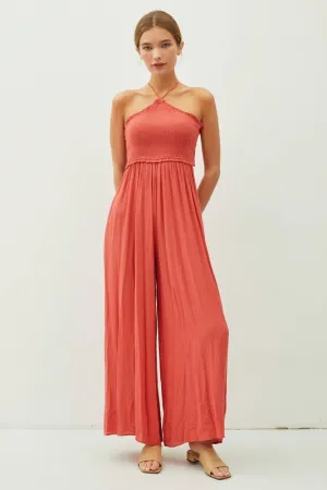 Scarlet Cutout Smocked Halter Wide Leg Jumpsuit