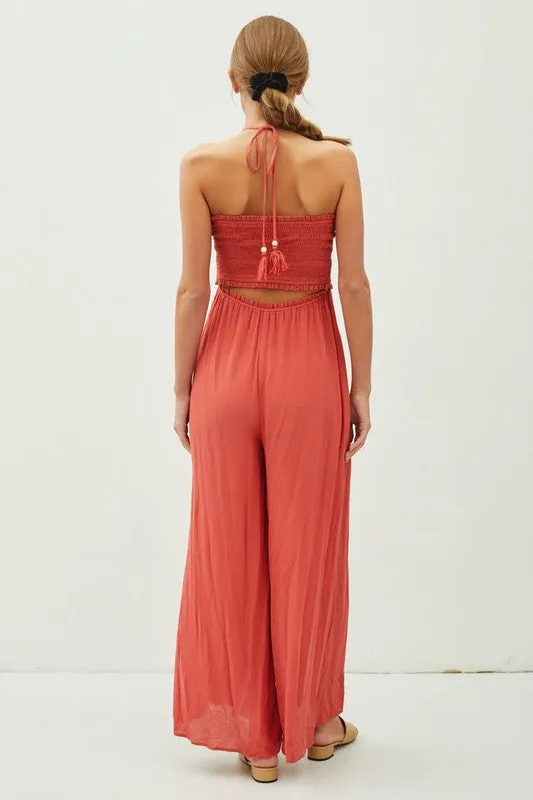 Scarlet Cutout Smocked Halter Wide Leg Jumpsuit