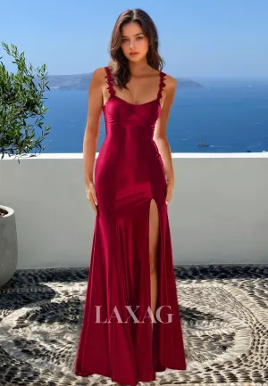 Scoop-Neck Spaghetti Straps Off-Shoulder Sleeveless Pleated Floor-Length Mermaid Prom Dress