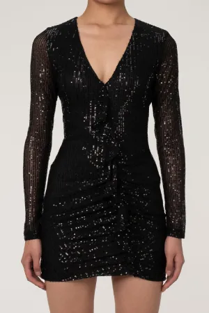 Sparkly Galaxy Long Sleeve Ruffle Deep V Sequin Mini Dress - Black