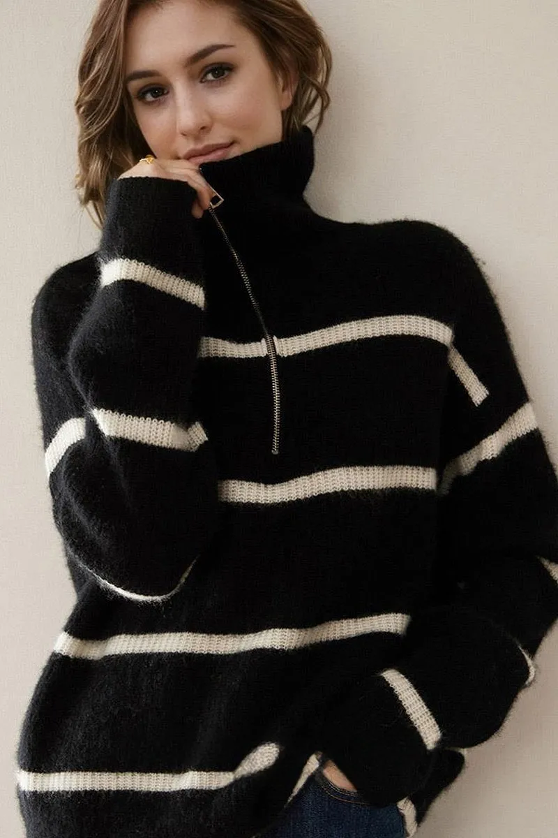 Striped Chunky Half-Zip Cashmere Turtleneck Sweater