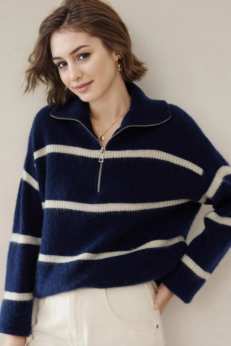 Striped Chunky Half-Zip Cashmere Turtleneck Sweater