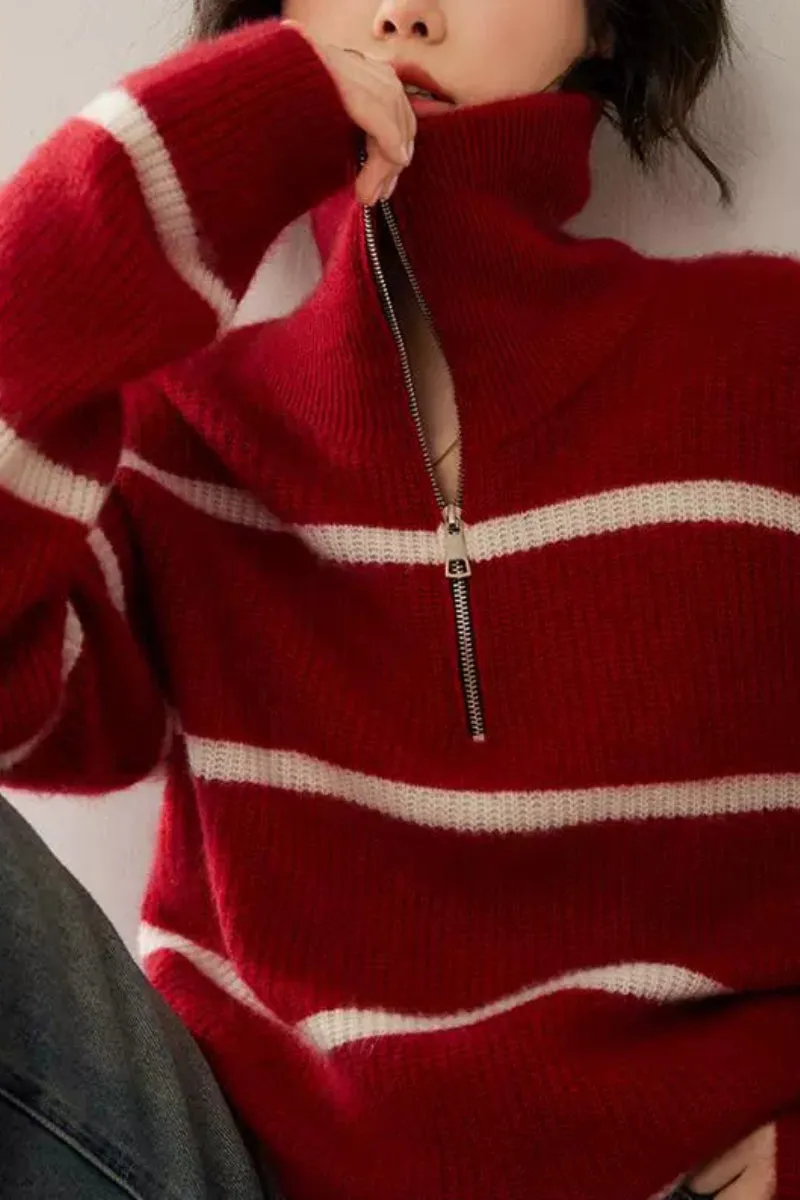 Striped Chunky Half-Zip Cashmere Turtleneck Sweater