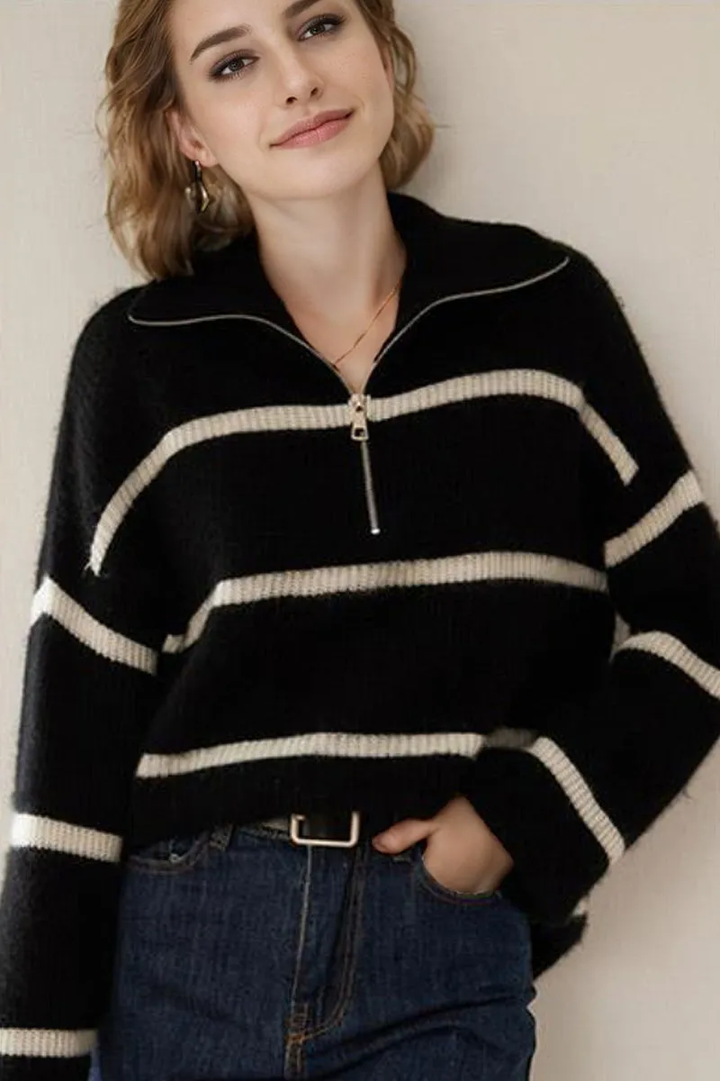 Striped Chunky Half-Zip Cashmere Turtleneck Sweater