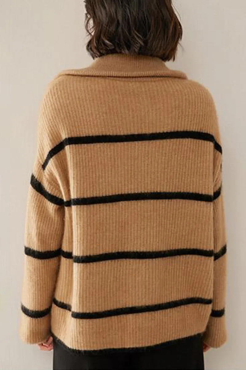 Striped Chunky Half-Zip Cashmere Turtleneck Sweater