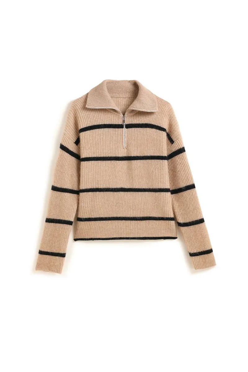 Striped Chunky Half-Zip Cashmere Turtleneck Sweater