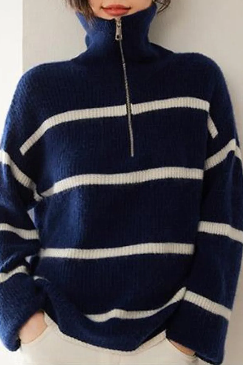 Striped Chunky Half-Zip Cashmere Turtleneck Sweater