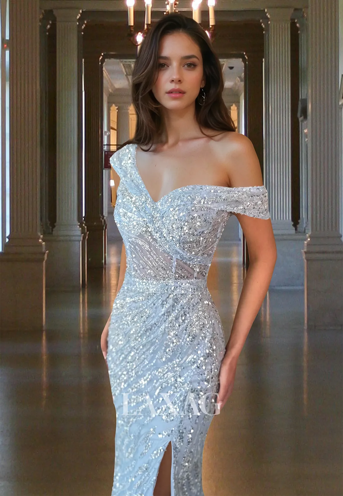 Sweetheart Sleeveless Off-Shoulder Pleated  Mermaid Prom Dress Sequins Floor-Length Party Gowns