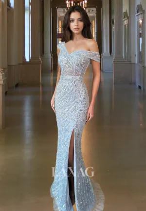 Sweetheart Sleeveless Off-Shoulder Pleated  Mermaid Prom Dress Sequins Floor-Length Party Gowns