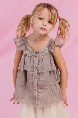 Taupe Grey Square Neckline Tiered Blouse