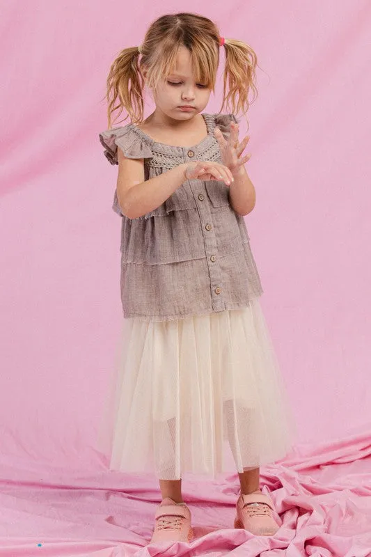 Taupe Grey Square Neckline Tiered Blouse