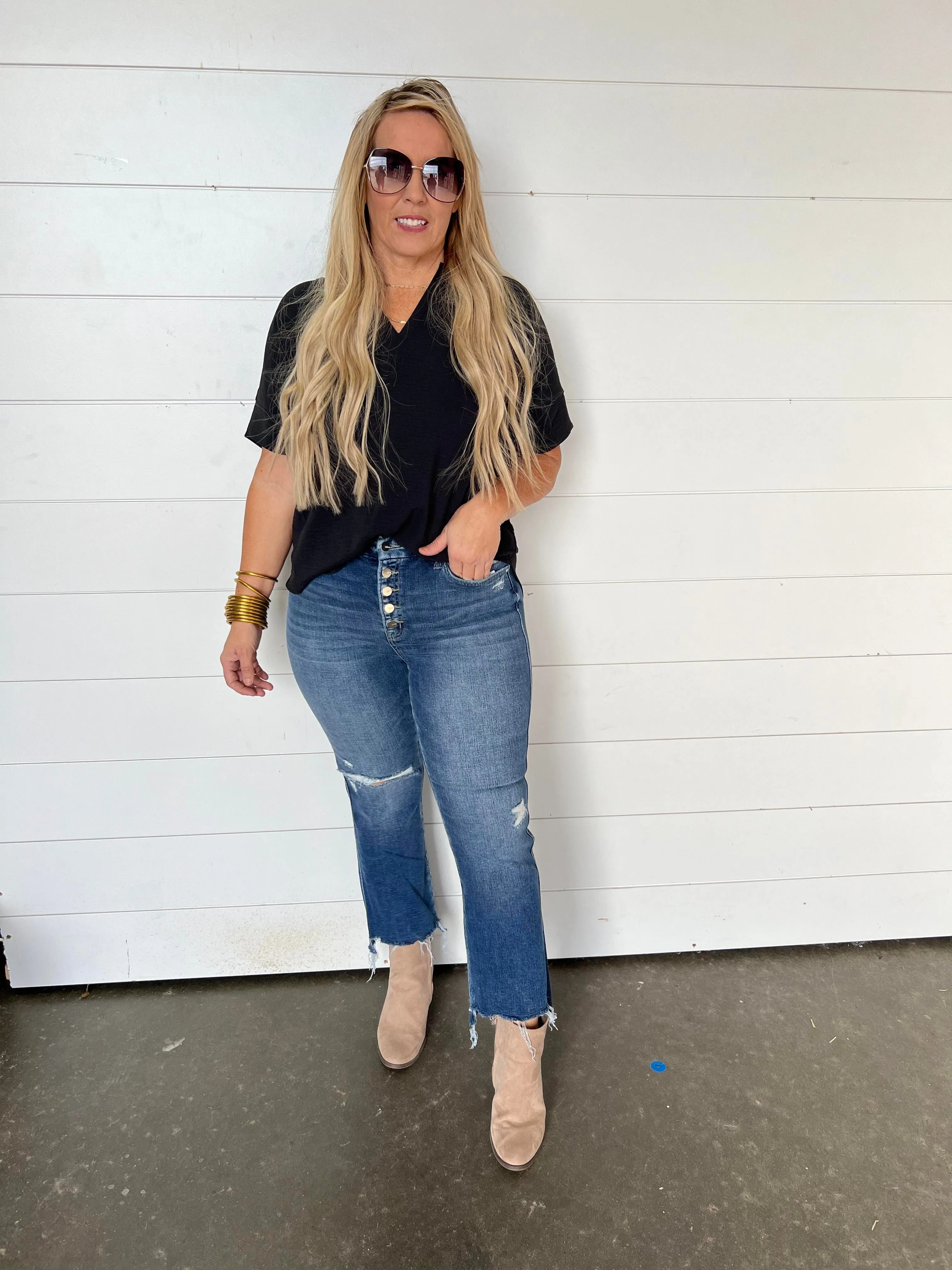 The Hope High Rise Cropped Flare with Step Hem Denim Jeans - Mica*