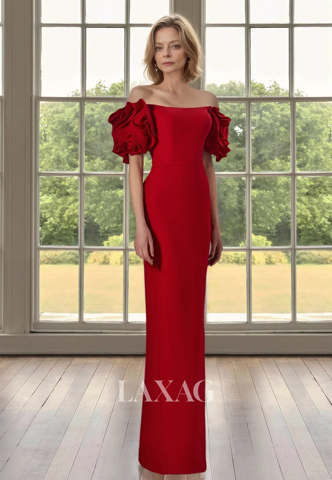 Tube Top Off-Shoulder Mermaid Mother of the Bride Dress Floral Embossed Short-Sleeves Floor Length Cocktail Gowns