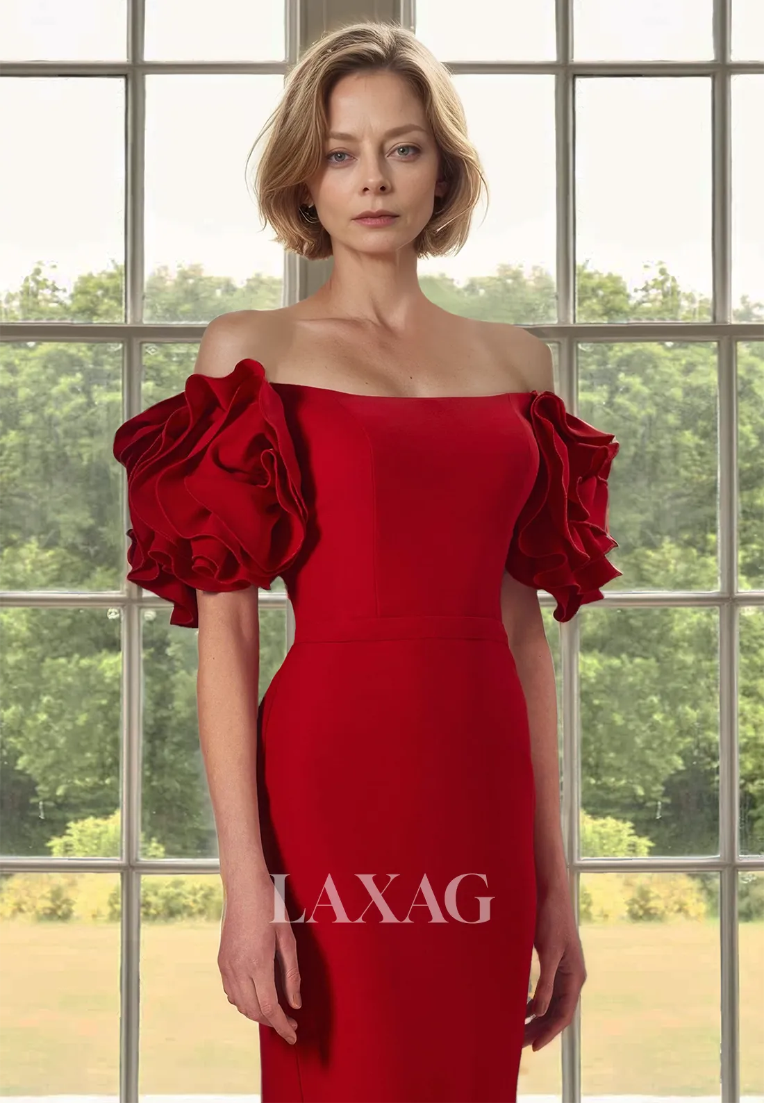 Tube Top Off-Shoulder Mermaid Mother of the Bride Dress Floral Embossed Short-Sleeves Floor Length Cocktail Gowns