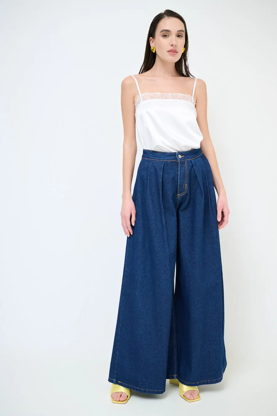Wide leg pleated denim trousers wholesale