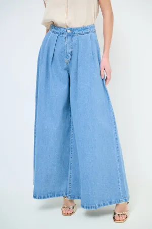 Wide leg pleated denim trousers wholesale