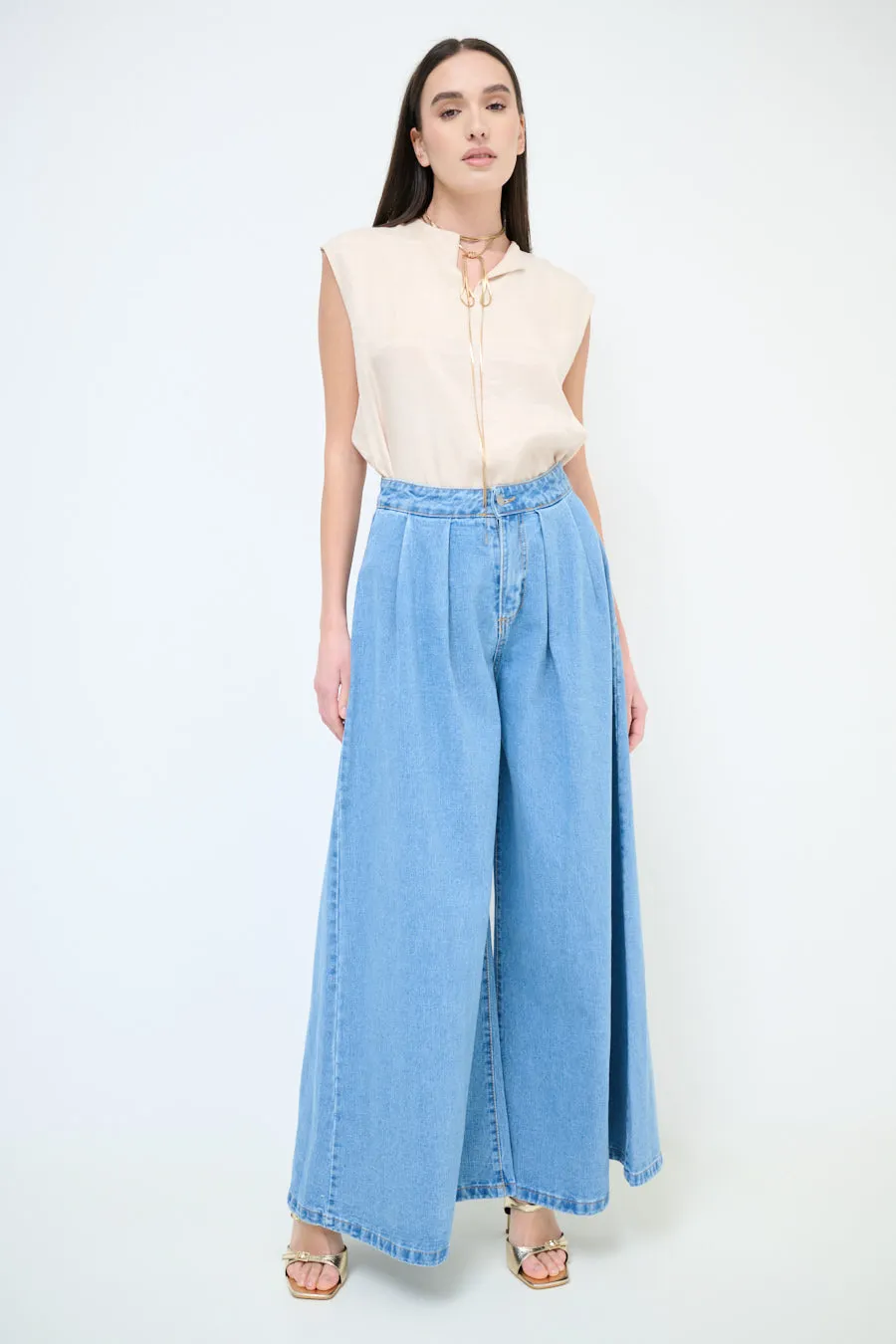 Wide leg pleated denim trousers wholesale