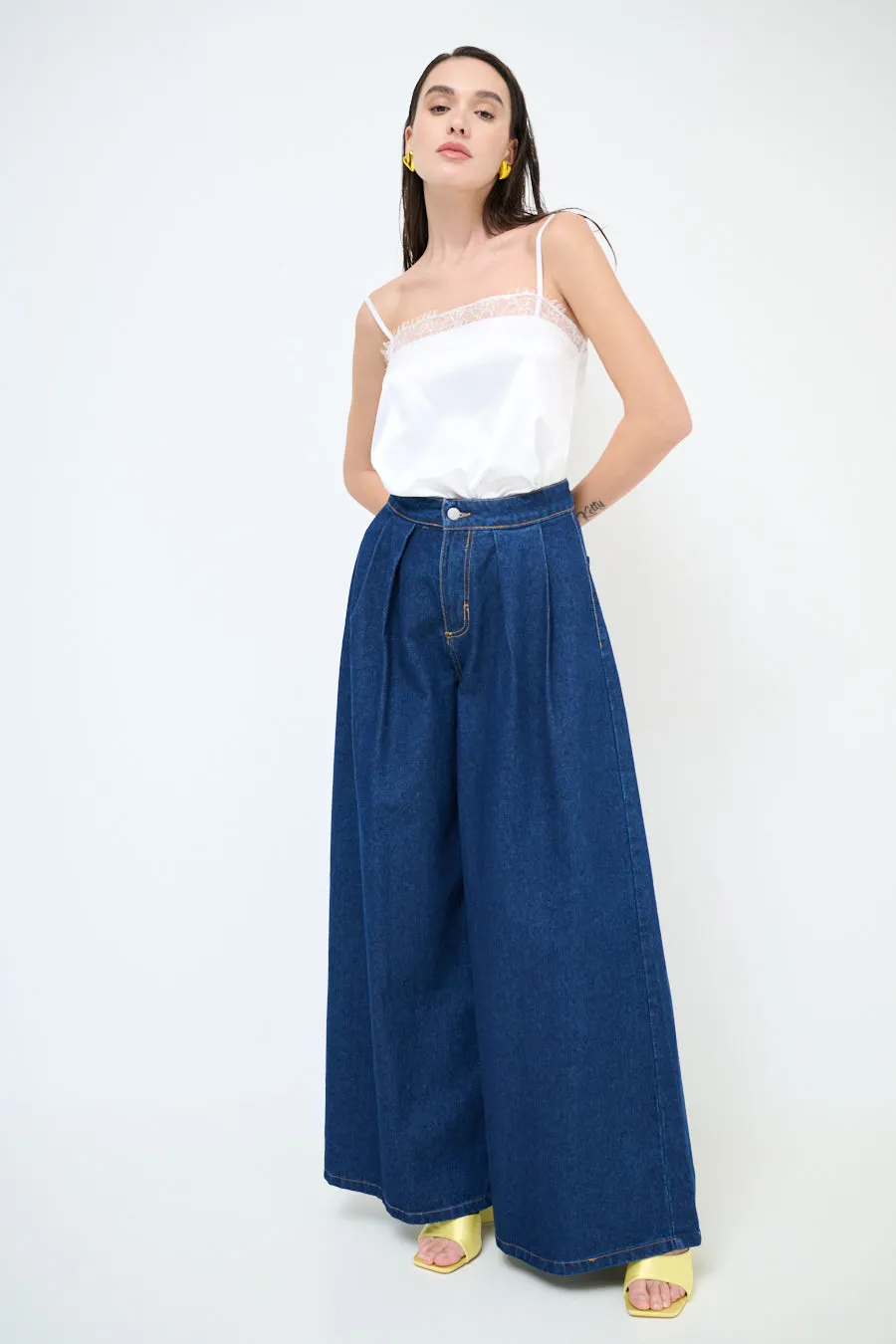 Wide leg pleated denim trousers wholesale