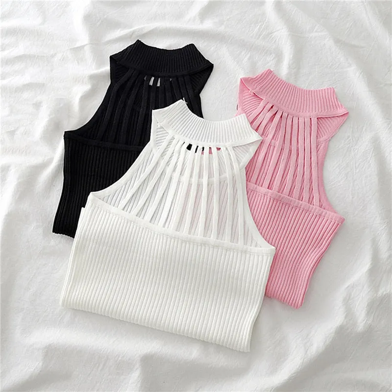 Women Knitted Hollow Bodycon Camisole Tank Top
