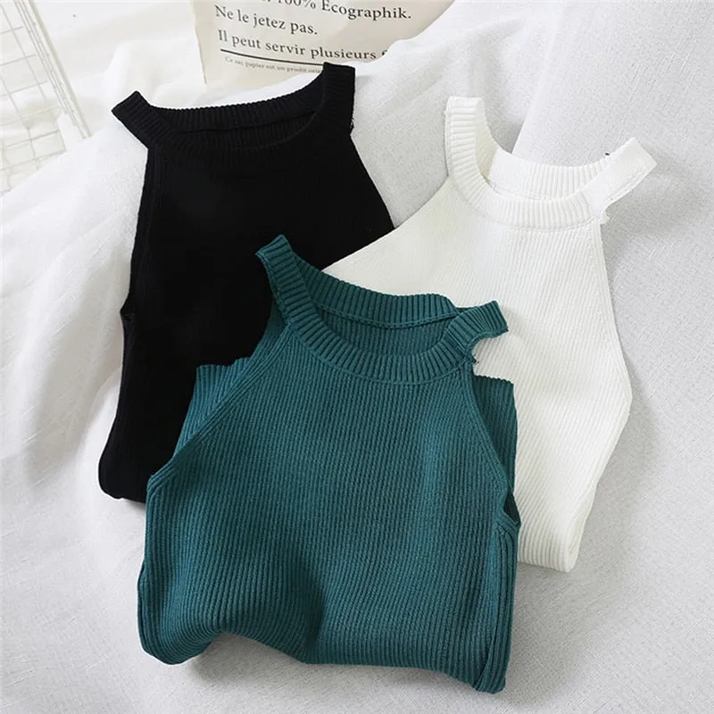 Women Knitted Hollow Bodycon Camisole Tank Top