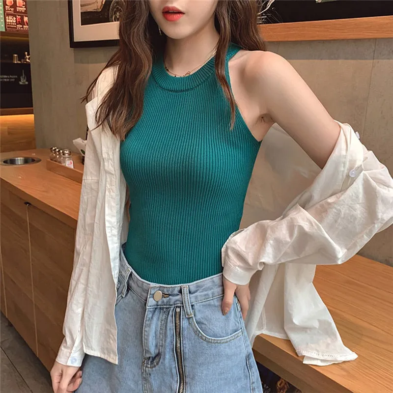 Women Knitted Hollow Bodycon Camisole Tank Top